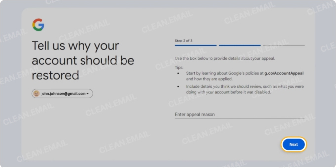Enter information about your appeal in the text box and pick Next