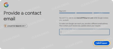 Provide an alternate email address for Google to contact you and select Submit appeal