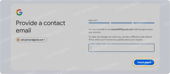 Provide an alternate email address for Google to contact you and select Submit appeal