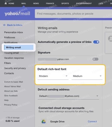 Click Writing Email and scroll down to Default Rich-Text font