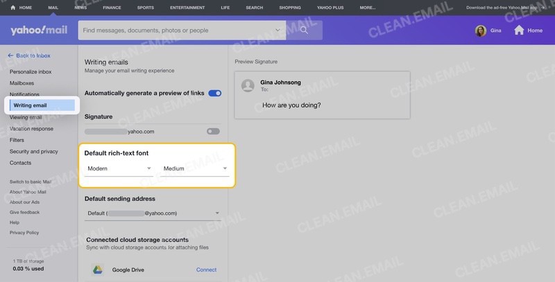 Click Writing Email and scroll down to Default Rich-Text font