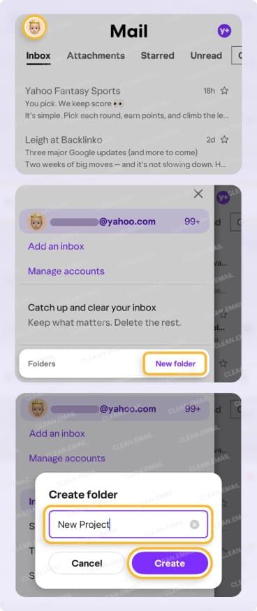 Create a new folder in the Yahoo mobile app