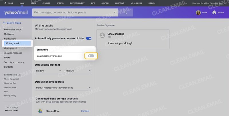 Click Writing Email and scroll down to the section titled Signature