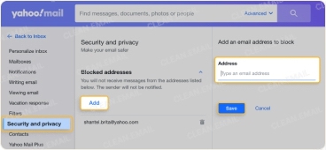 Enter the address you’d like to block, then press Save