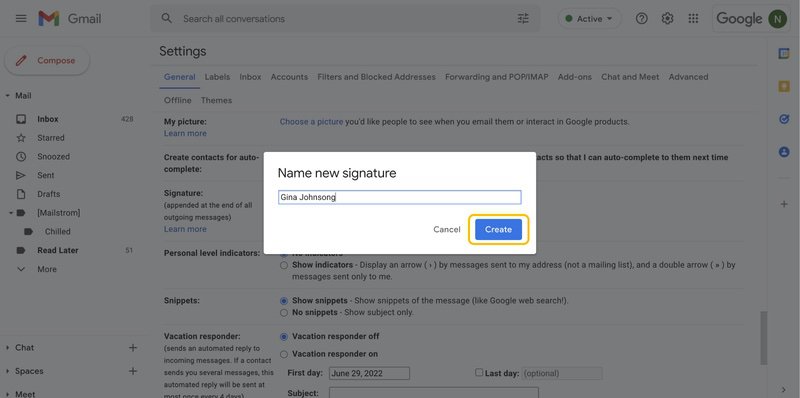 Create customized email signature in Gmail