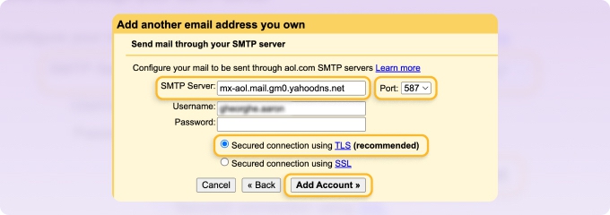 Enter the SMTP server details of the tin nhắn address