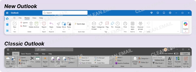 New Outlook has Mail, Calendar, People, and Tasks in a left sidebar for easy navigation