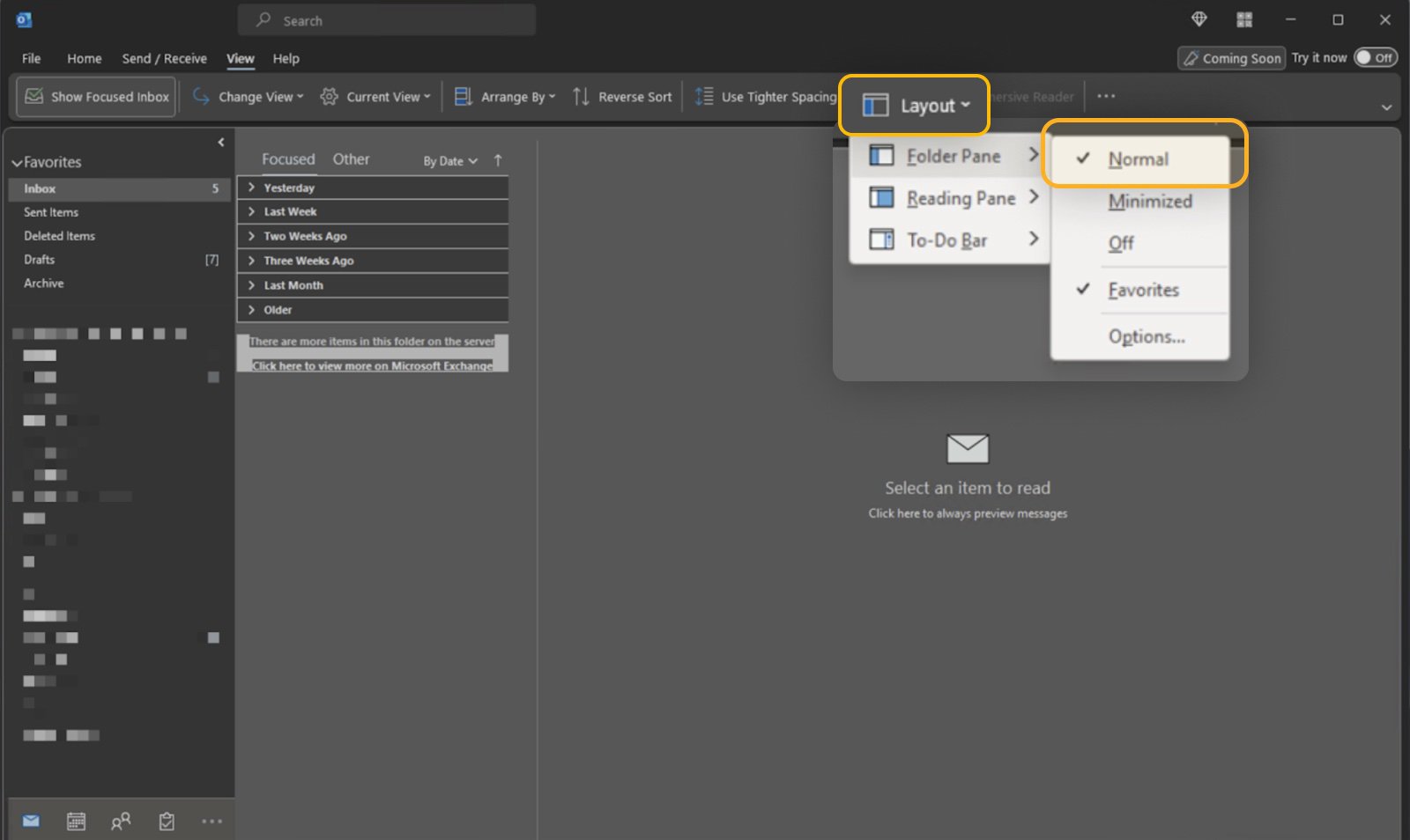 default outlook email view