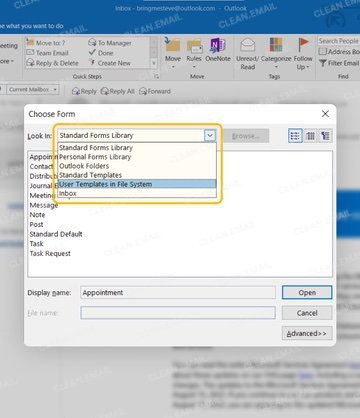 The Choose Form dialog box is open in Outlook desktop client for Windows. In the Look In dropdown menu, User Templates in File System is selected, displaying the folder where personal email templates are stored