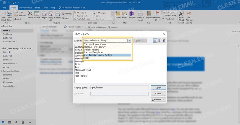 The Choose Form dialog box is open in Outlook desktop client for Windows. In the Look In dropdown menu, User Templates in File System is selected, displaying the folder where personal email templates are stored