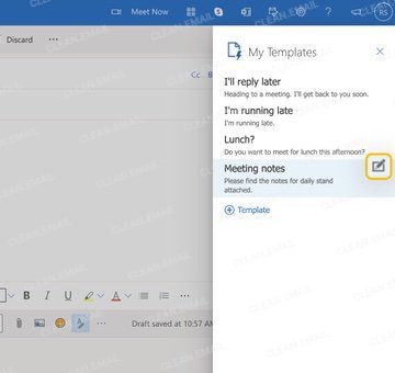 Outlook.com with My Templates panel open; highlighted template shows Edit icon