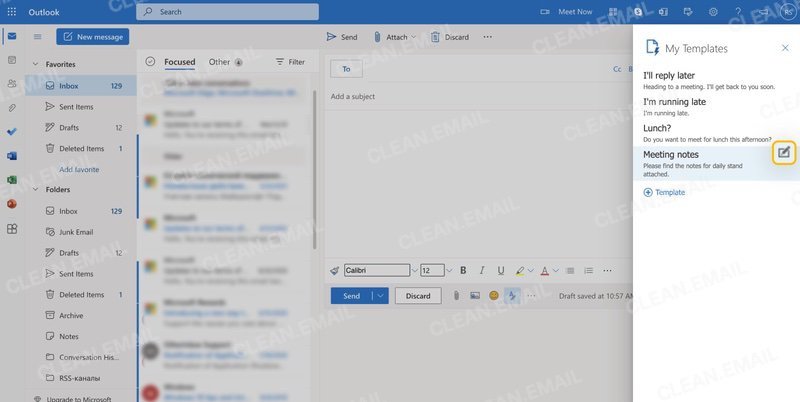 Outlook.com with My Templates panel open; highlighted template shows Edit icon