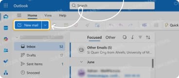 Outlook.com inbox view with the “New mail” button highlighted in blue and yellow. Instructions above explain creating a new email by clicking “New mail”