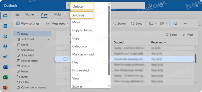 Archive and Delete options for email management