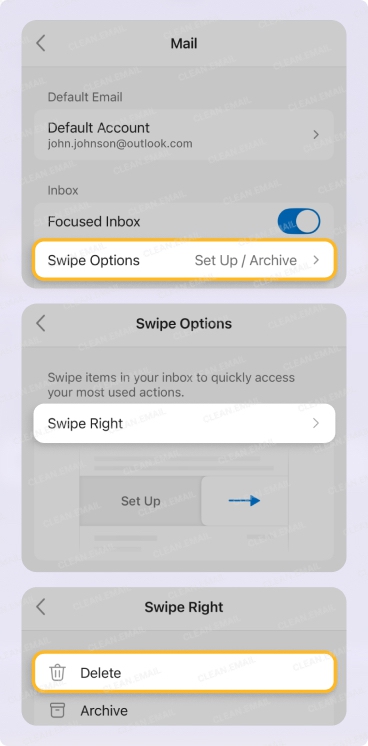 Outlook mobile Swipe Options for Archive, Delete, or Flag