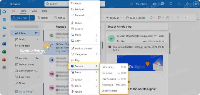 Snooze Emails in Outlook On the Web