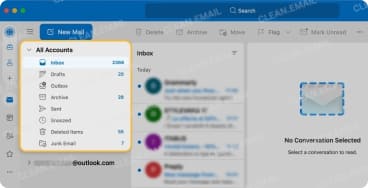Outlook unified inbox showing messages from all accounts