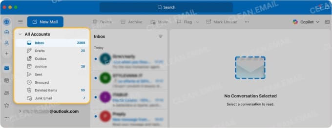 Outlook unified inbox showing messages from all accounts