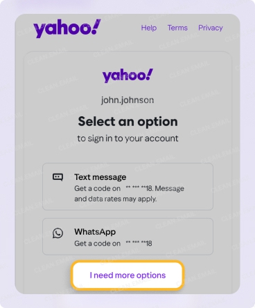 Yahoo account verification screen displaying sign-in options including text message and WhatsApp, with a highlighted 'I need more options' link for additional recovery methods