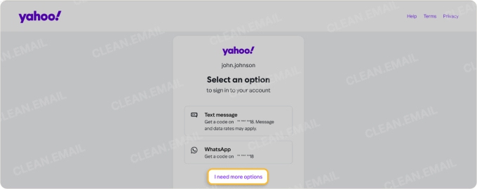 Yahoo account verification screen displaying sign-in options including text message and WhatsApp, with a highlighted 'I need more options' link for additional recovery methods