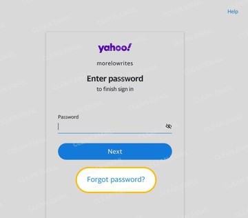 Yahoo login screen displaying a password entry field with a highlighted 'Forgot password?' link below the 'Next' button