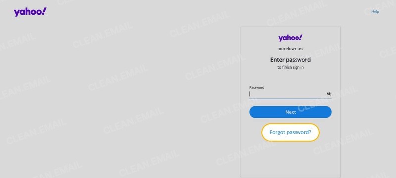Yahoo login screen displaying a password entry field with a highlighted 'Forgot password?' link below the 'Next' button