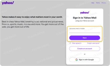 Yahoo Mail sign-in page prompting users to enter their username, email, or mobile number to access their Yahoo account