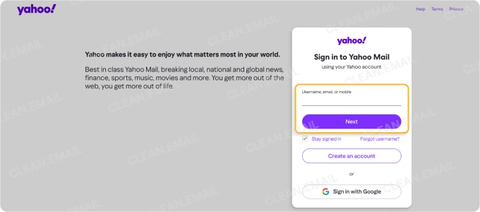Yahoo Mail sign-in page prompting users to enter their username, email, or mobile number to access their Yahoo account