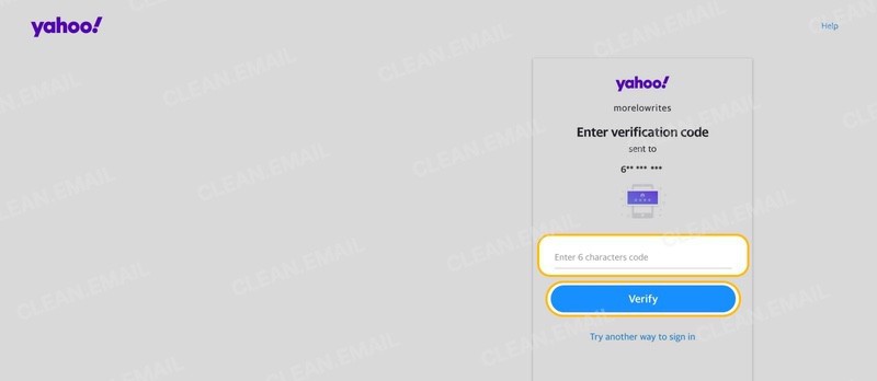 Yahoo account verification screen prompting the user to enter a 6-digit code sent to a masked recovery contact method
