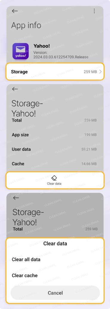 Clear the app data and cache on Android