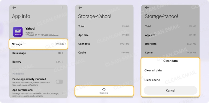 Clear the app data and cache on Android