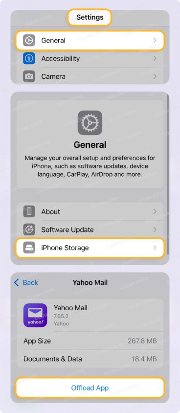Choose Offload App and then reinstall the Yahoo Mail app