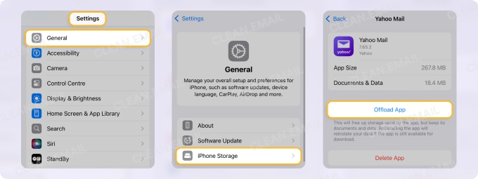 Choose Offload App and then reinstall the Yahoo Mail app