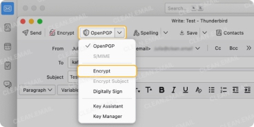 In the compose window, click the OpenPGP button at the top and choose Encrypt