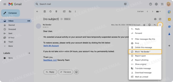 Report and block a sender in Gmail