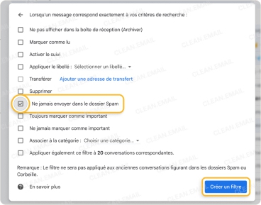 Cliquez de nouveau sur Créer un filtre pour enregistrer les paramètres