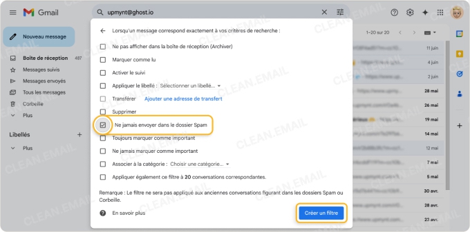 Cliquez de nouveau sur Créer un filtre pour enregistrer les paramètres