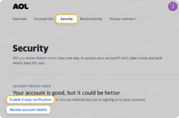 AOL Security tab – review account health and enable 2-step verification