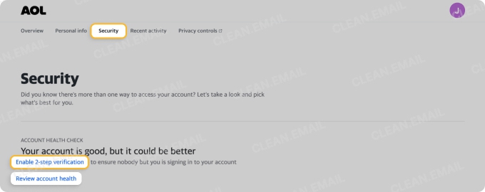 AOL Security tab – review account health and enable 2-step verification