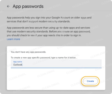 Google App Passwords page for creating an app-specific password