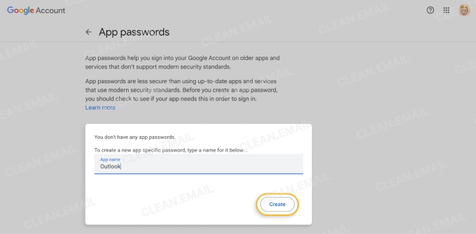 Google App Passwords page for creating an app-specific password