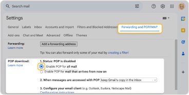 Gmail POP settings for downloading mail to a device