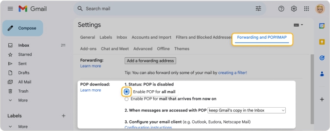 Gmail POP settings for downloading mail to a device