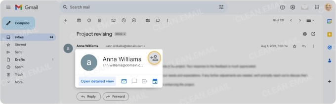 Gmail interface showing how to add a sender to contacts by hovering over their name and selecting the Add to Contacts option