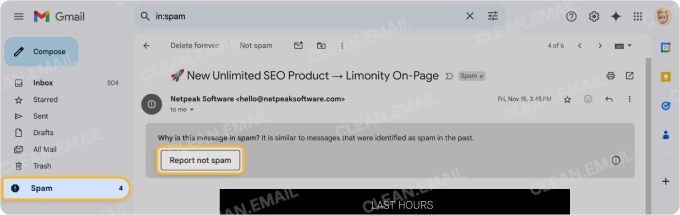 Gmail spam folder view showing the option to report a message as not spam to improve inbox delivery