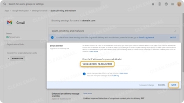 Google Admin interface showing how to edit the email allowlist by entering trusted IP addresses under spam, phishing, and malware settings