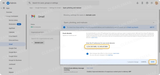 Google Admin interface showing how to edit the email allowlist by entering trusted IP addresses under spam, phishing, and malware settings