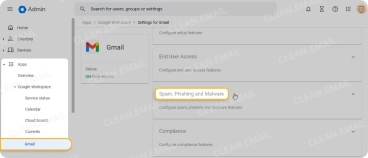 Google Admin settings screen highlighting the Spam, Phishing and Malware section under Gmail for enhanced email security controls