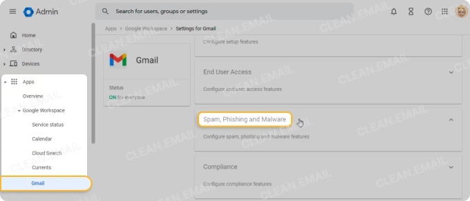 Google Admin settings screen highlighting the Spam, Phishing and Malware section under Gmail for enhanced email security controls