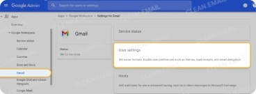 Google Admin panel showing Gmail settings under Google Workspace, highlighting the User settings section for email preferences
